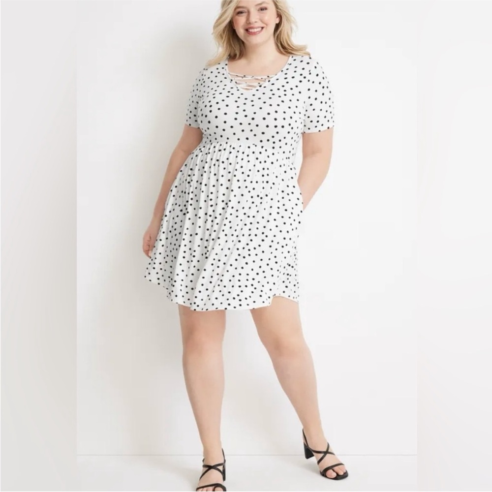 MAURICES Plus 24/7 Polka Dot Lace Up Skater Mini Dress Size 1x